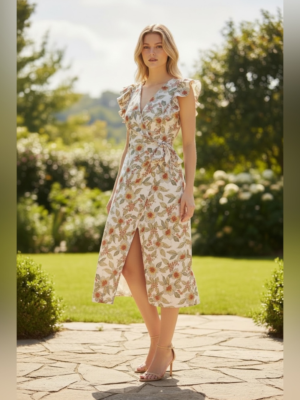 Rebecca Taylor Kamea Dress Sz 8 Floral Ruffle Faux Wrap Midi Linen Blend Cottage